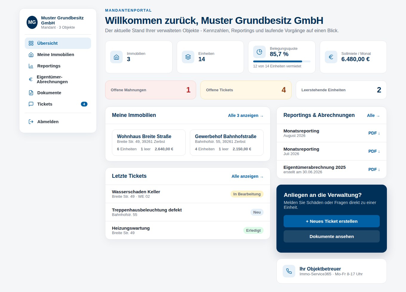 Eigentümerportal von ImmoService365 – Kennzahlen, Reportings und Tickets auf einen Blick