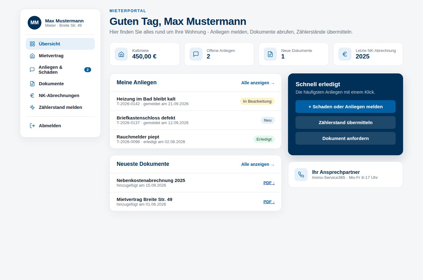 Mieterportal von ImmoService365: Anliegen melden, Dokumente abrufen, Zählerstand übermitteln, Nebenkostenabrechnung einsehen
